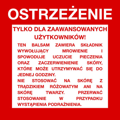Ostrzeżenie dla zaawansowanych użytkowników balsamu opalającego z efektem mrowienia, informujące o uczuciu pieczenia, zaczerwienieniu skóry oraz przeciwwskazaniach dla skóry twarzy i trądziku różowatego







